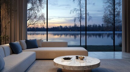Sleek living room with a quartz sofa, a minimalist round marble coffee table, and oversized windows overlooking a tranquil lake at dusk