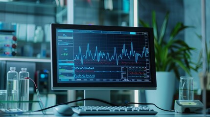 Fototapeta premium A computer monitor displaying a heart rate monitor in a lab setting.