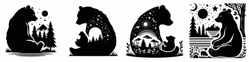 Fototapeta premium Four stylized black bear silhouettes, each incorporating nature scenes, trees, and celestial elements, showcasing wilderness and tranquility.