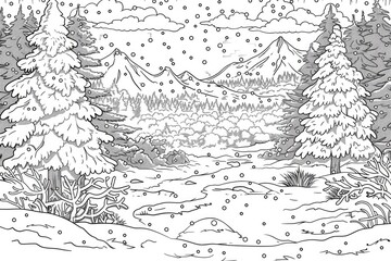 Obraz premium Coloring book illustration of a Scenic Snow Covered Landscape in Winter