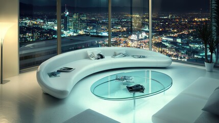 Obraz premium Sleek minimalist living room with a futuristic white sofa, oval glass coffee table, and expansive windows showcasing a bustling city night view