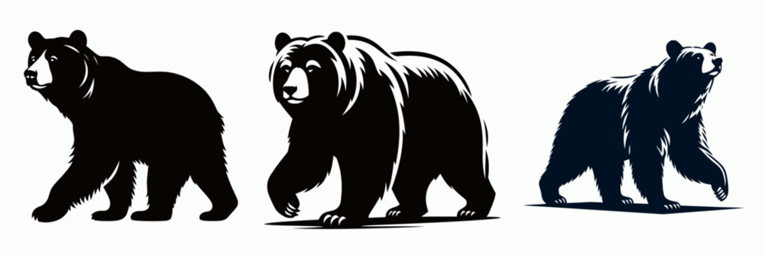 Three stylized bear silhouettes in different poses, showcasing their distinctive shapes and features with a minimalistic design.