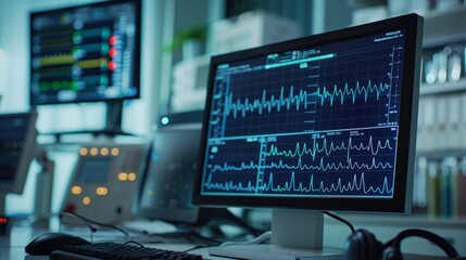 A close-up of a computer monitor displaying a medical waveform in a sterile medical setting.