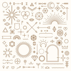 Set of linear thin line art deco boho retro vintage design elements. Geometric shapes, Outline symbols © Hollygraphic