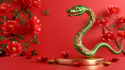 Obraz premium Green snake standing on a golden podium, surrounded by red flowers on a red background, celebrating the Chinese new year, astrology horoscope, background with copy space