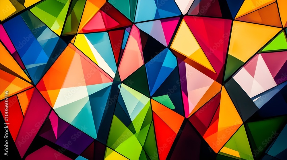 Poster abstract geometric background with a dynamic array of interlocking triangles squares and hexagons in