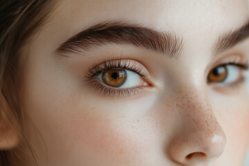 Fototapeta premium Brown eyes and perfect shapes of eyebrows. Close up portrait of beautiful young girl looking at camera