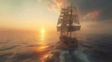 Sailing Ship at Sunset on the Ocean - Golden Hour Photography