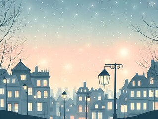 A whimsical pastel hued urban landscape bathed in a warm nostalgic glow featuring delicate silhouettes of buildings lampposts and a dreamy starry night backdrop