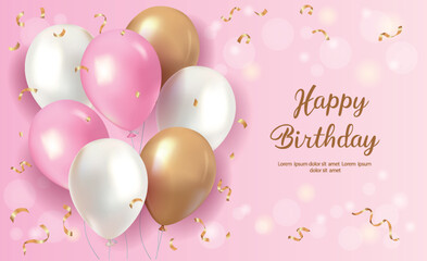 Realistic happy birthday banner with gold, pink and white balloons and confetti falling on a rose colored background. Suitable for greeting cards, posters, template