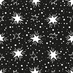 Black and white seamless pattern. Stars, bursts, bright sparkles firework, twinkle, glowing light effect, flash. Hand drawn vector illustration