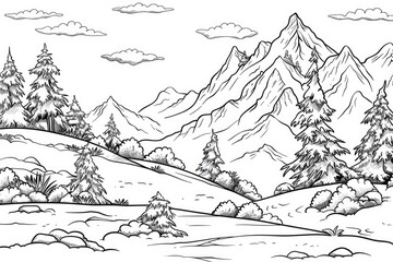 Coloring book illustration of a mountain summit landscape with snow covered surroundings on a cold winter day