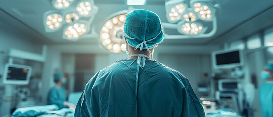 Back view of a surgeon performing a lifesaving procedure in a clean and organized hospital operating room