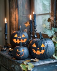 Obraz premium Carved black pumpkins with candles for halloween decoration in rustic setting
