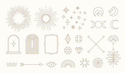 Set of linear thin line art deco boho retro vintage design elements. Geometric shapes, Outline symbols © Hollygraphic