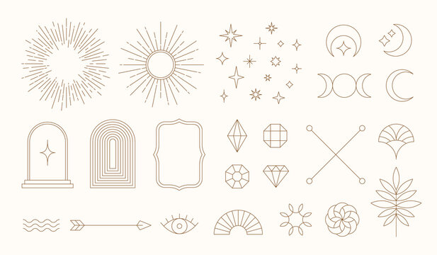 Naklejki Set of linear thin line art deco boho retro vintage design elements. Geometric shapes, Outline symbols