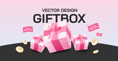 Pink gift boxes with coupons and coins flying around