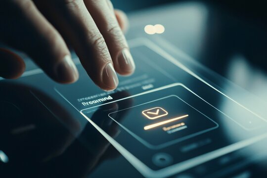 Capture your enthusiasm for innovation as a hand engages with a digital registration form on a cutting-edge gadget.