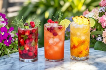 Bright and refreshing cocktails on a sunny day. Each drink is colorful and inviting. Perfect for summer gatherings or relaxing moments. Generative AI