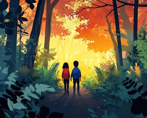 Children taking a nature hike in a vibrant forest, trail leading to a tranquil clearing, immersive depiction of outdoor beauty and joyful exploration