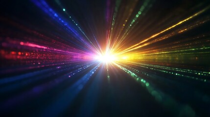 Abstract background with colorful light streaks radiating from a bright center.