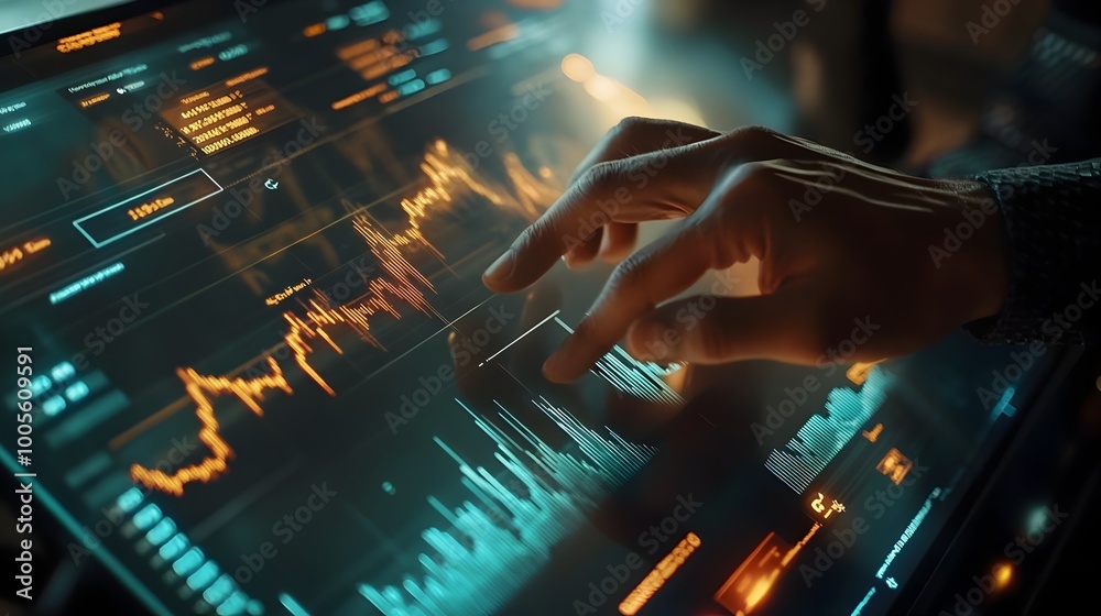 Poster hands interacting with transparent holographic charts and futuristic financial data visualizations i