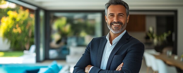 Confident European real estate agent in a sleek modern home, exuding professionalism and warmth, ready to assist and guide potential house buyers