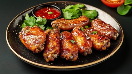 Fototapeta premium A menu of fried chicken wings arranged on a plate. Thai ASEAN food, rich in protein, vegetables, spices, grilled or fried. Fast food, convenient, fast, delicious taste. .generative ai
