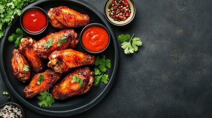 A menu of fried chicken wings arranged on a plate. Thai ASEAN food, rich in protein, vegetables, spices, grilled or fried. Fast food, convenient, fast, delicious taste. .generative ai