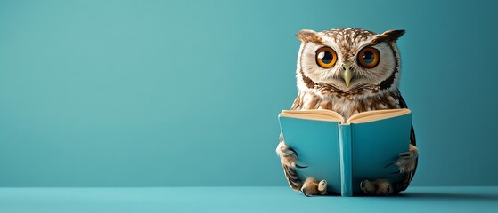 Detailed wise owl reading a book against a blue background, illustrating wisdom and learning, with ample copy space for educational use