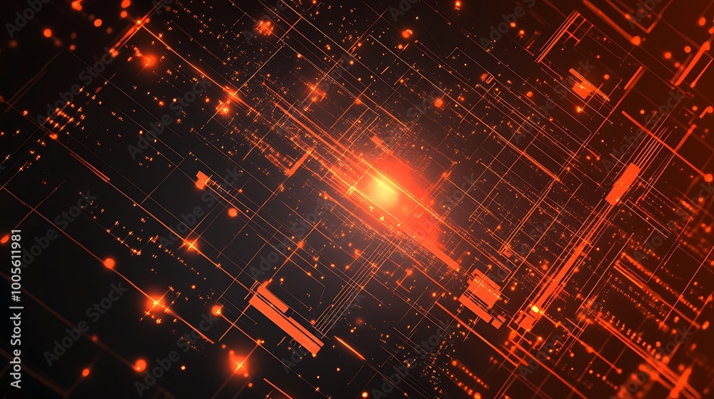 Poster abstract digital background with glowing orange lines and dots.