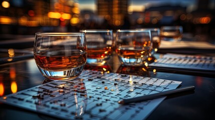 A glass of amber liquid sits on a table with a pen and paper scattered around it, highlighting the evening's casual ambience and the quiet contemplation that comes with it.