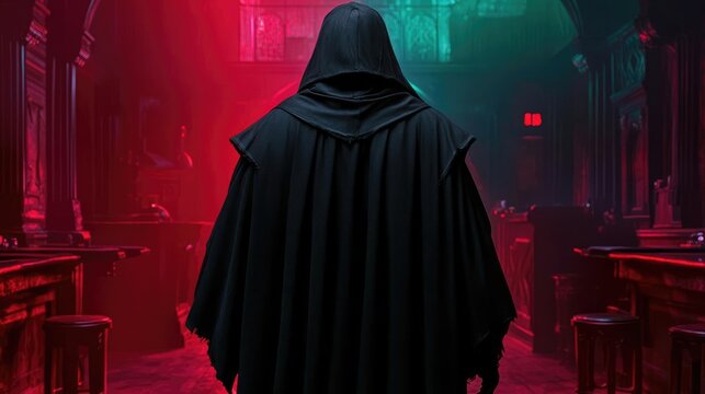 A cloaked figure in a gloomy tavern, offering a vile riddle with a deceptive answer, shadows thickening as danger draws near, mysterious and tense