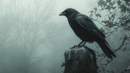 Fototapeta premium Black Crow Silhouetted Against Misty Sky