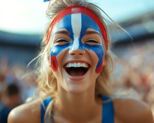 Excited French woman with face painted in blue, white, and red, cheering at a football or rugby match, blurry stadium in background, ample space for text