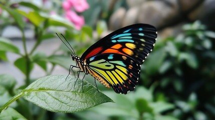 Obraz premium Vibrant Butterfly Displaying a Stunning Array of Colors: This Close-Up Capture Highlights the Intricate Patterns on Its Wings, Showcasing Nature's Beauty and Diversity. 