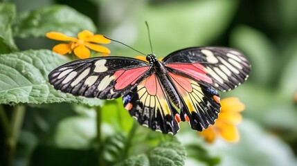 Naklejka premium Vibrant Butterfly Displaying a Stunning Array of Colors: This Close-Up Capture Highlights the Intricate Patterns on Its Wings, Showcasing Nature's Beauty and Diversity. 