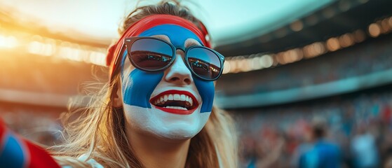 French fan with face painted in national flag colors, blue, white, and red, celebrating at a football or rugby match, stadium in the background, clear copy space