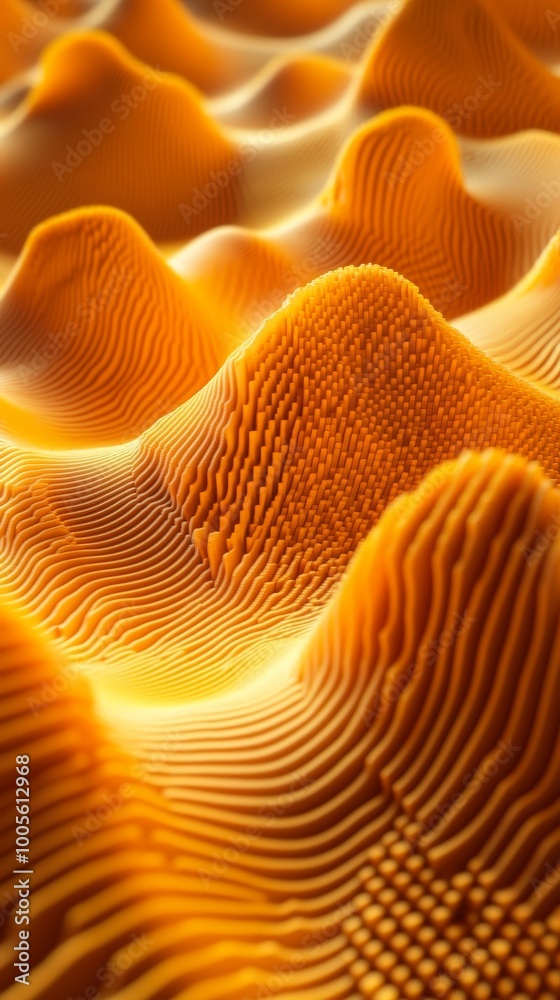 Poster textured hills in vibrant orange feature intricate patterns and waves, creating an abstract landscap