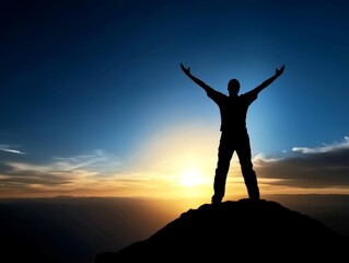 A person standing on a mountaintop, arms raised to the sky, expressing achievement and a sense of freedom