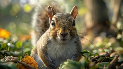 Fototapeta premium Close-up Portrait of a Curious Squirrel in the Forest