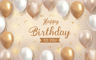 Golden happy birthday template, 3d balloon elements, holiday, party, birthday and wedding event decorations, poster templates