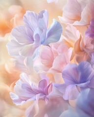 A romantic and delicate floral arrangement featuring soft pastel hues of pink lavender and peach petals highlighted by natural lighting creating a serene and dreamy impressionist style composition