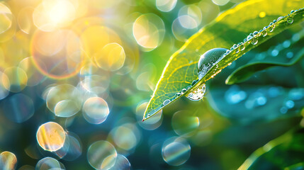 water drops on green leaves.
