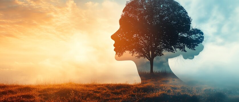Human head silhouette featuring a peaceful landscape, symbolizing mental serenity and inner calm, with space available for text and content