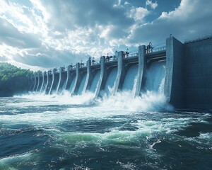 Hydroelectric dam scene with rushing water driving turbines, emphasizing clean energy generation and carbon neutrality, detailed and dynamic backdrop