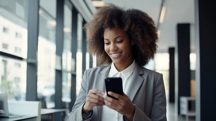 Fototapeta premium A smiling Black businesswoman in an office using her smartphone to monitor the performance of her digital marketing campaign.