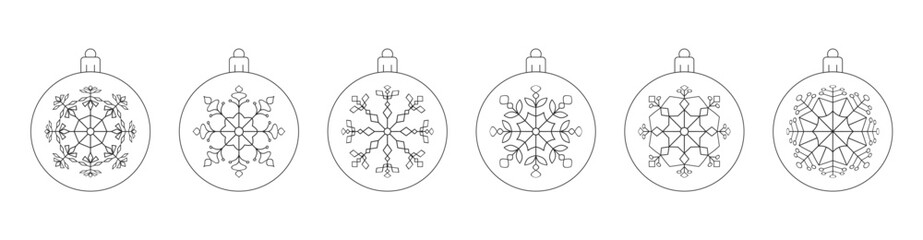 Set of Christmas balls with snowflakes - thin line style, vector eps10 illustration