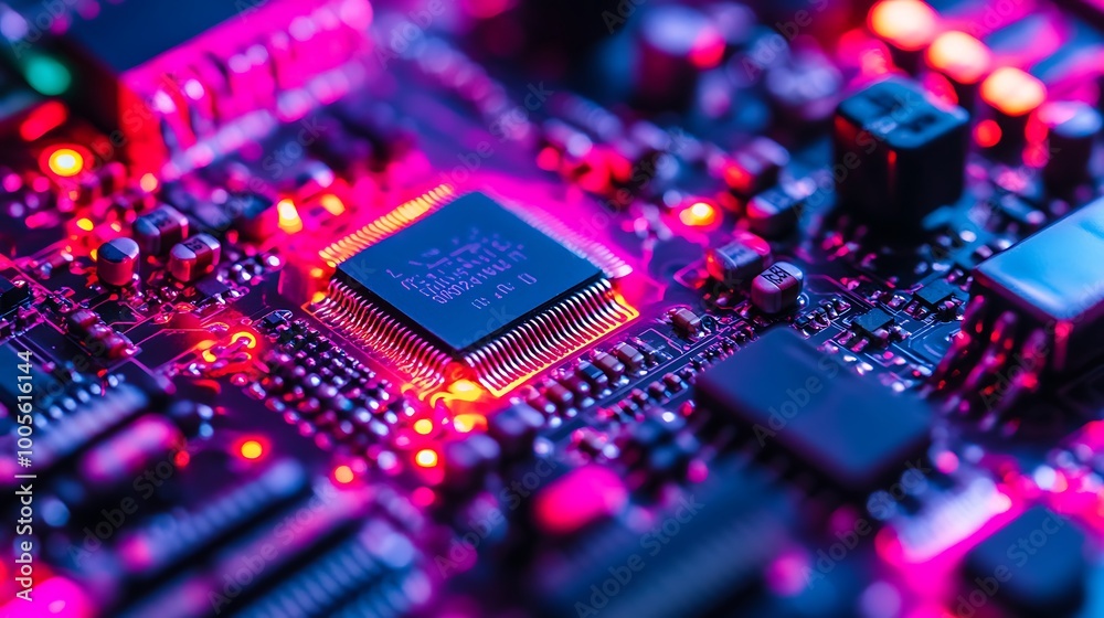 Poster Close-up of a glowing circuit board with a central processor chip.
