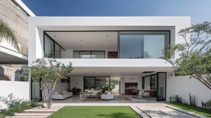 Fototapeta premium Stunning White Minimalist Home Featuring Smooth White Plaster and Elegant Black Stones on the Walls, Emphasizing a Modern Aesthetic and Clean Lines. 